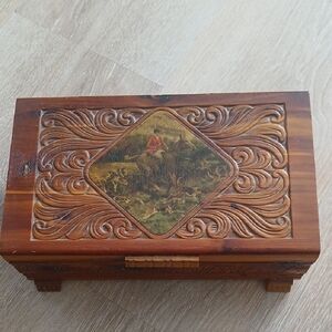 Vintage 40's Hand Carved Wooden Box Folk Tramp Art Style Intricate Hunting Scene